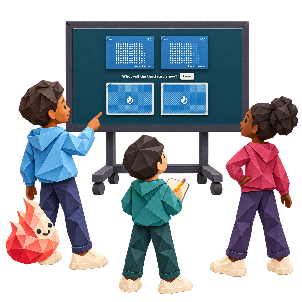 Three students explore a Pattern Reveal activity together, pointing to the math and recording their ideas.