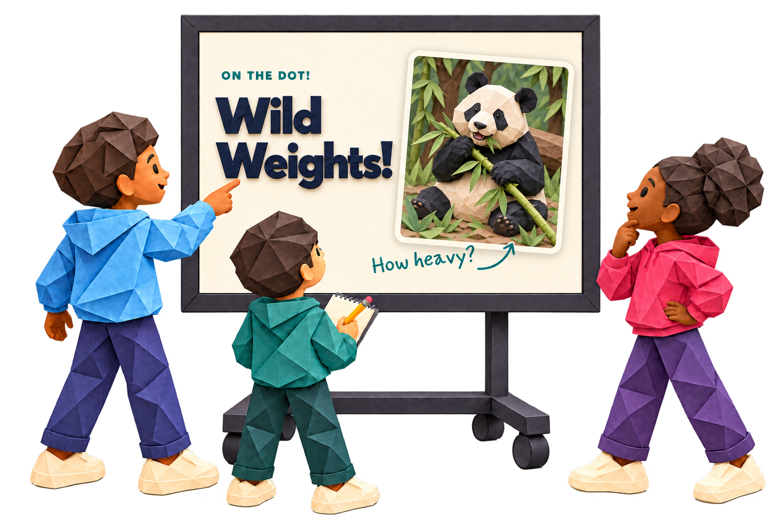 Three paper-craft students explore Wild Weights, with paper lettering, a framed paper-panda forest scene, and the handwritten question: How heavy?