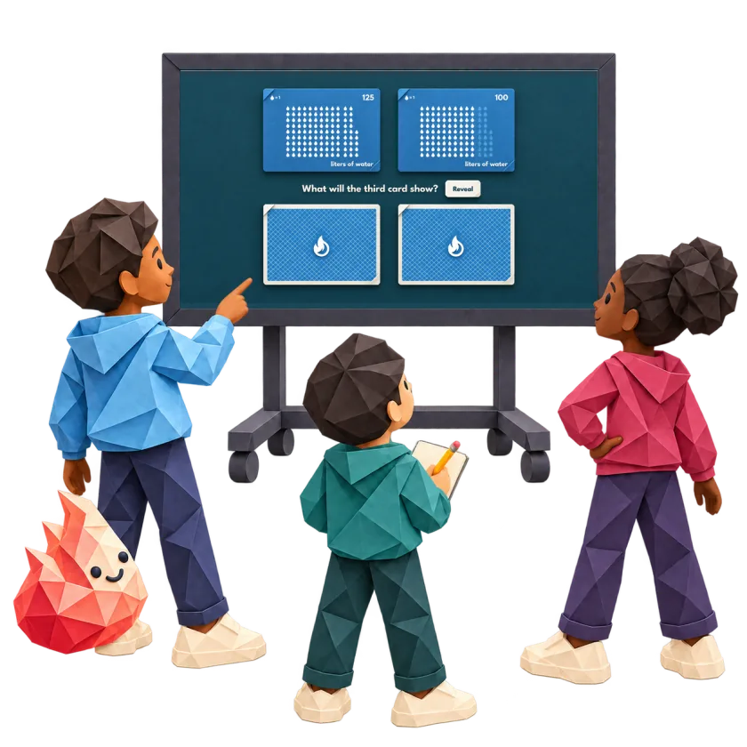 Illustration of students sharing ideas around a classroom Pattern Reveal screen.